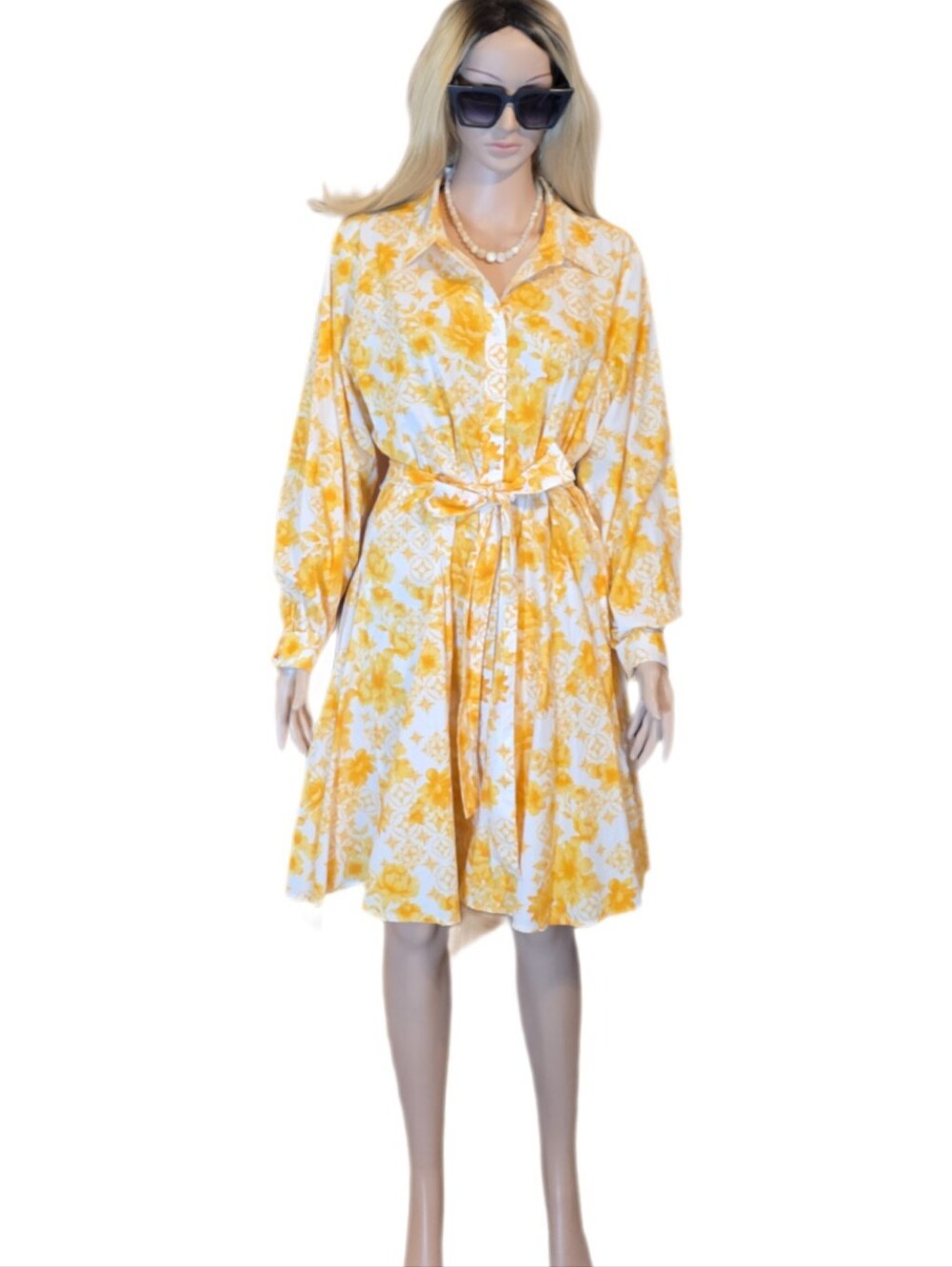 Lands' End Poplin Button Front Dress Yellow Mosaic Floral L EUC